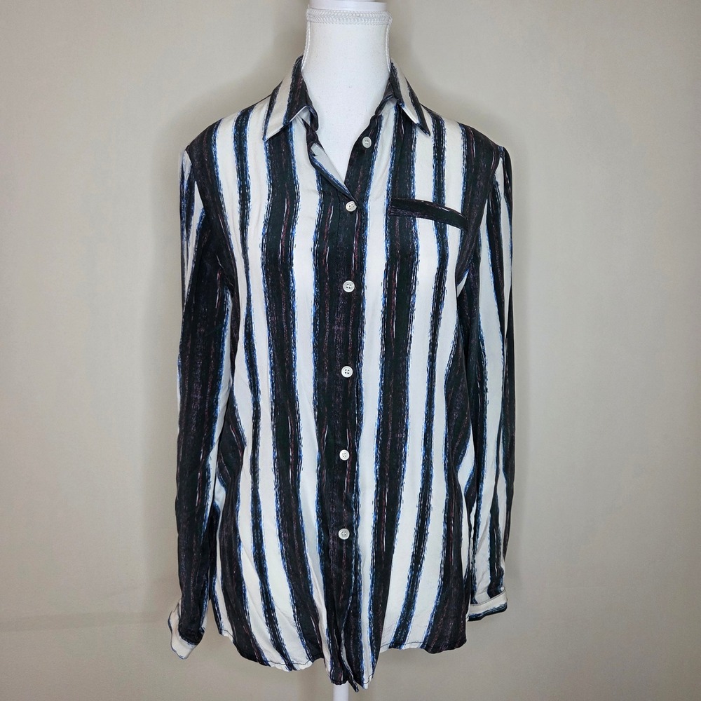 Watson X Watson Green White Vertical Stripe Silk Button Up Blouse Size‎ XS/S